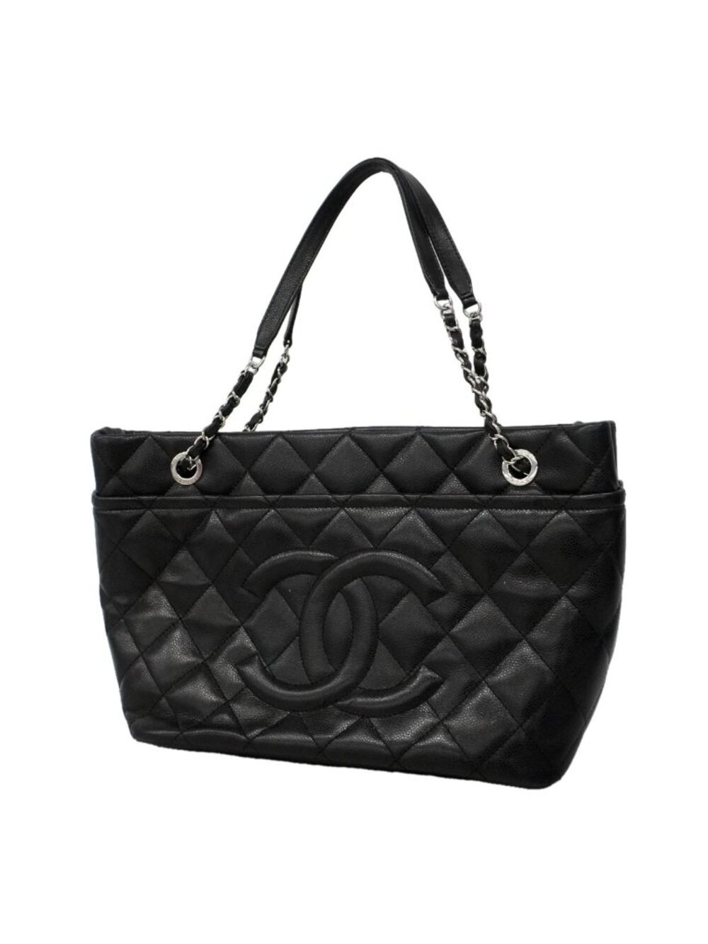 Chanel Chain Tote Bag Quilted Caviar Leather Black Silver